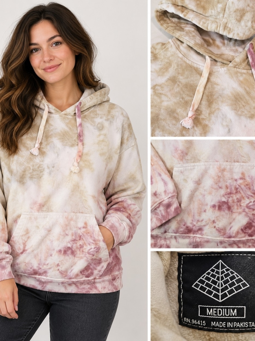 Tie-Dye Hoodie Sweatshirt - Medium - Taupe & Mauve